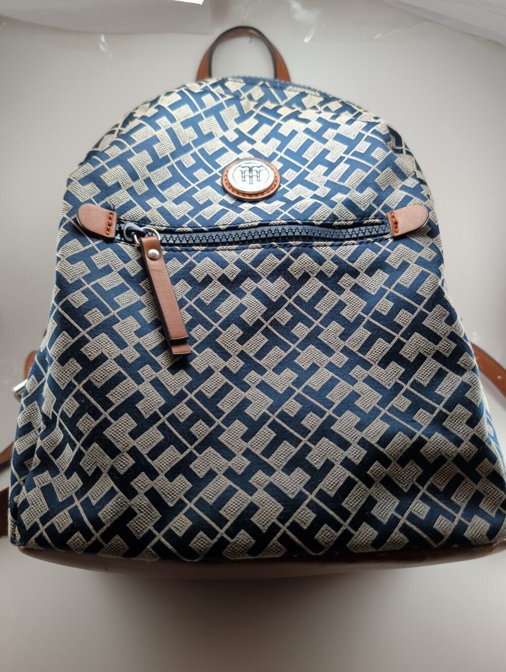Tommy Hilfiger Navy Blue Monogram Geometric Jacquard Backpack TH Logo